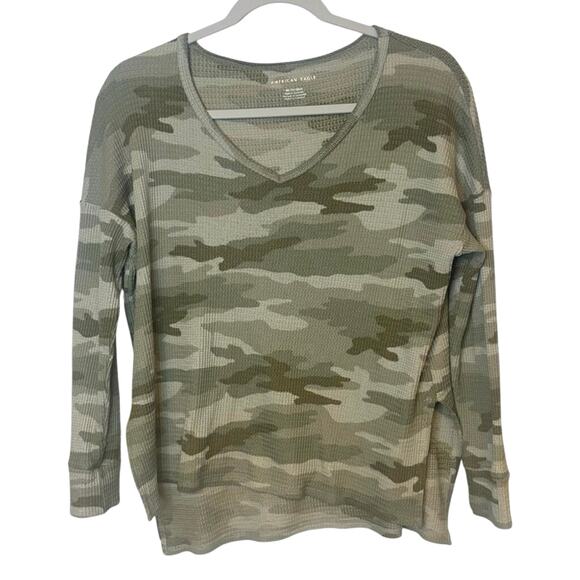 American Eagle Camo Thermal Waffle Knit Long Sleeve Top XS Green - Picture 3 of 8